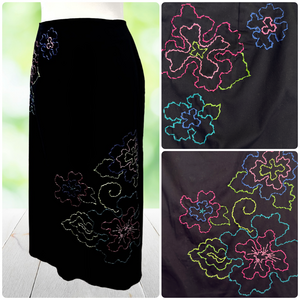 Vintage 90s BENTLEY ARBUCKLE Hand Embroidered Skirt Floral Artwear Black Size 12